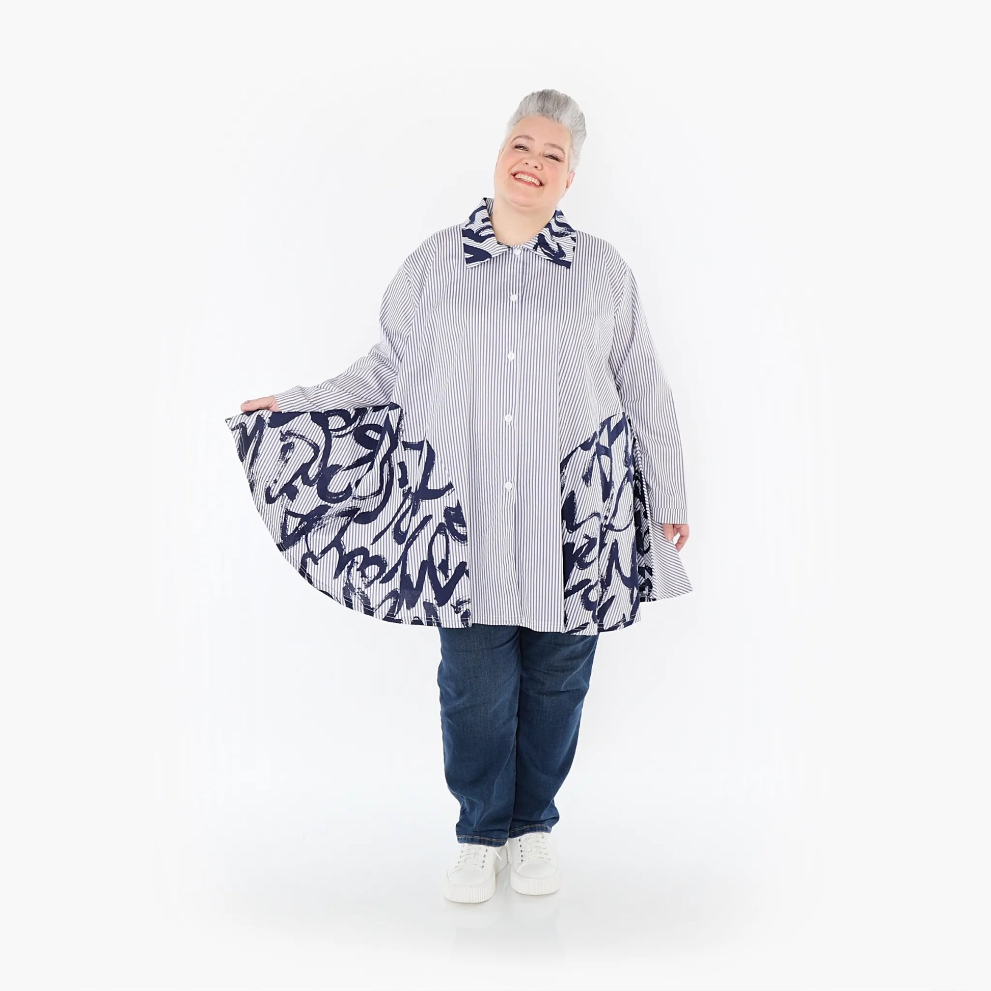 AKH Fashion Bluse in Glocken-Form, aus Baumwolle, 1435.06795, Weiß/Blau, Vichy-Streifen