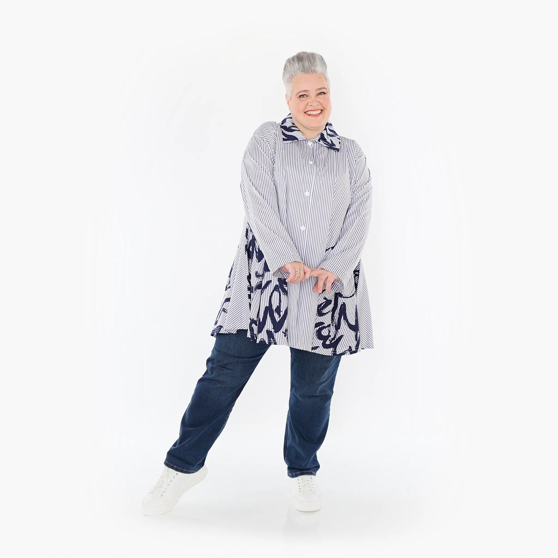 AKH Fashion Bluse in Glocken-Form, aus Baumwolle, 1435.06795, Weiß/Blau, Vichy-Streifen