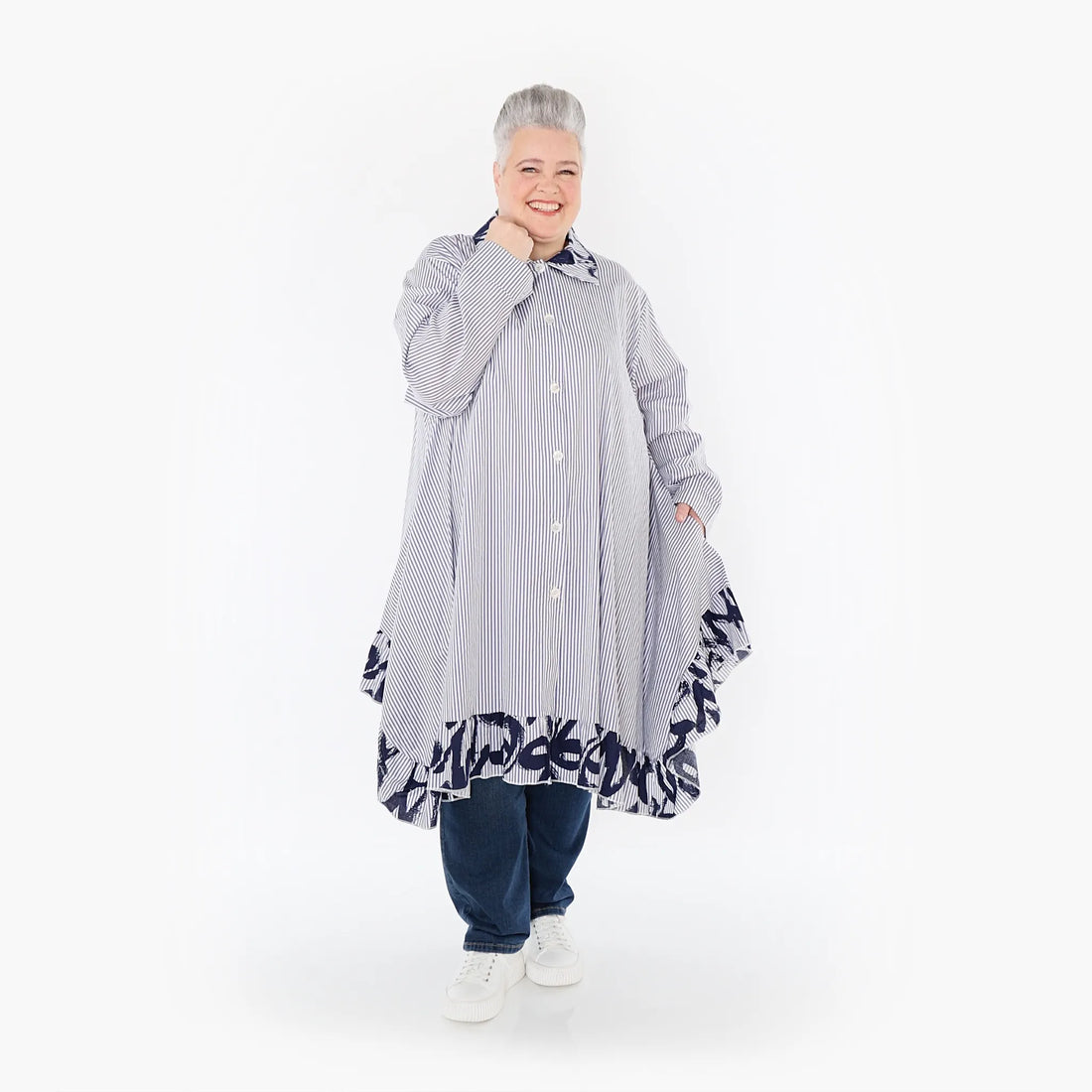 A-Form Bluse von AKH Fashion aus Baumwolle, 1435.06917, Weiß/Blau, Vichy-Streifen, Schick
