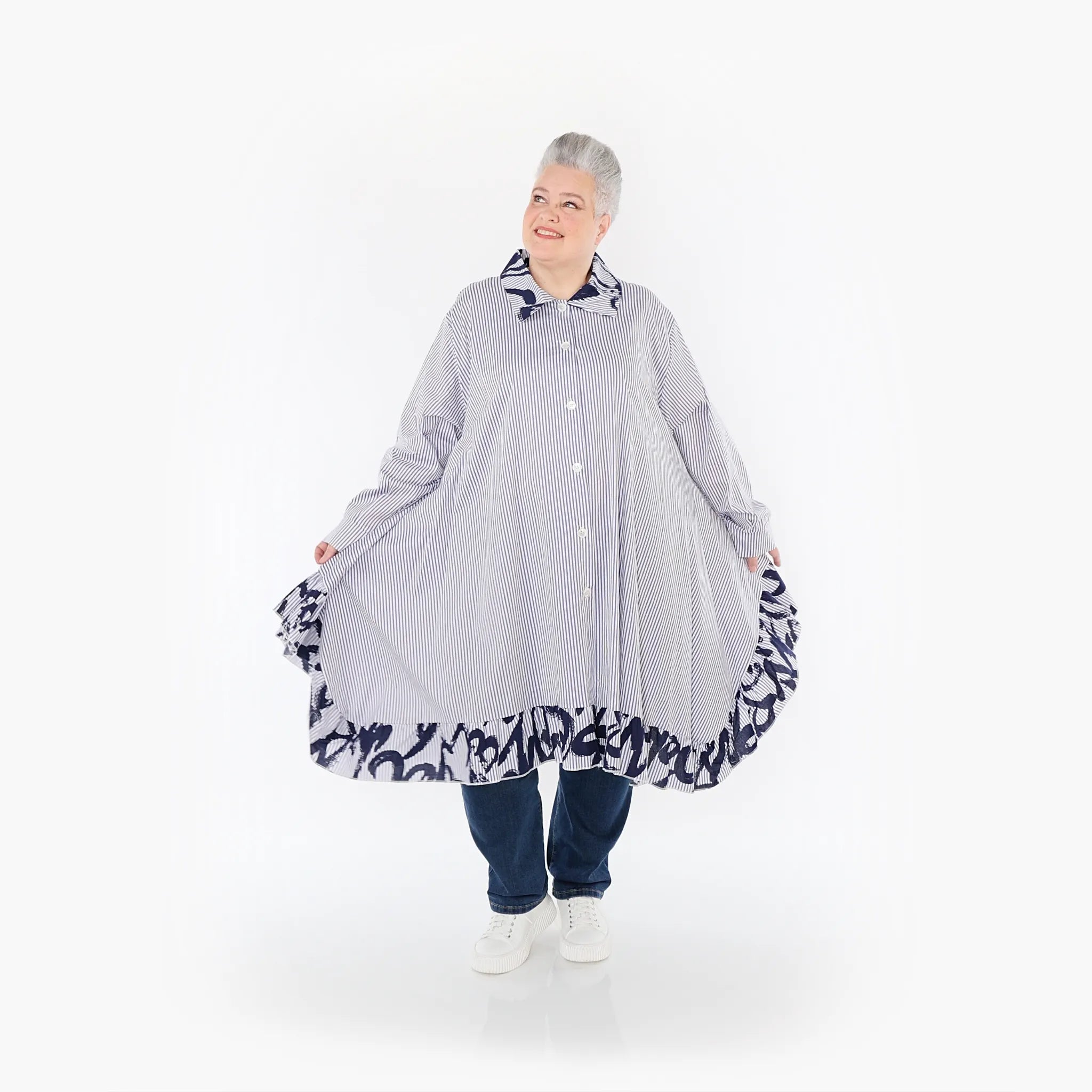 A-Form Bluse von AKH Fashion aus Baumwolle, 1435.06917, Weiß/Blau, Vichy-Streifen, Schick