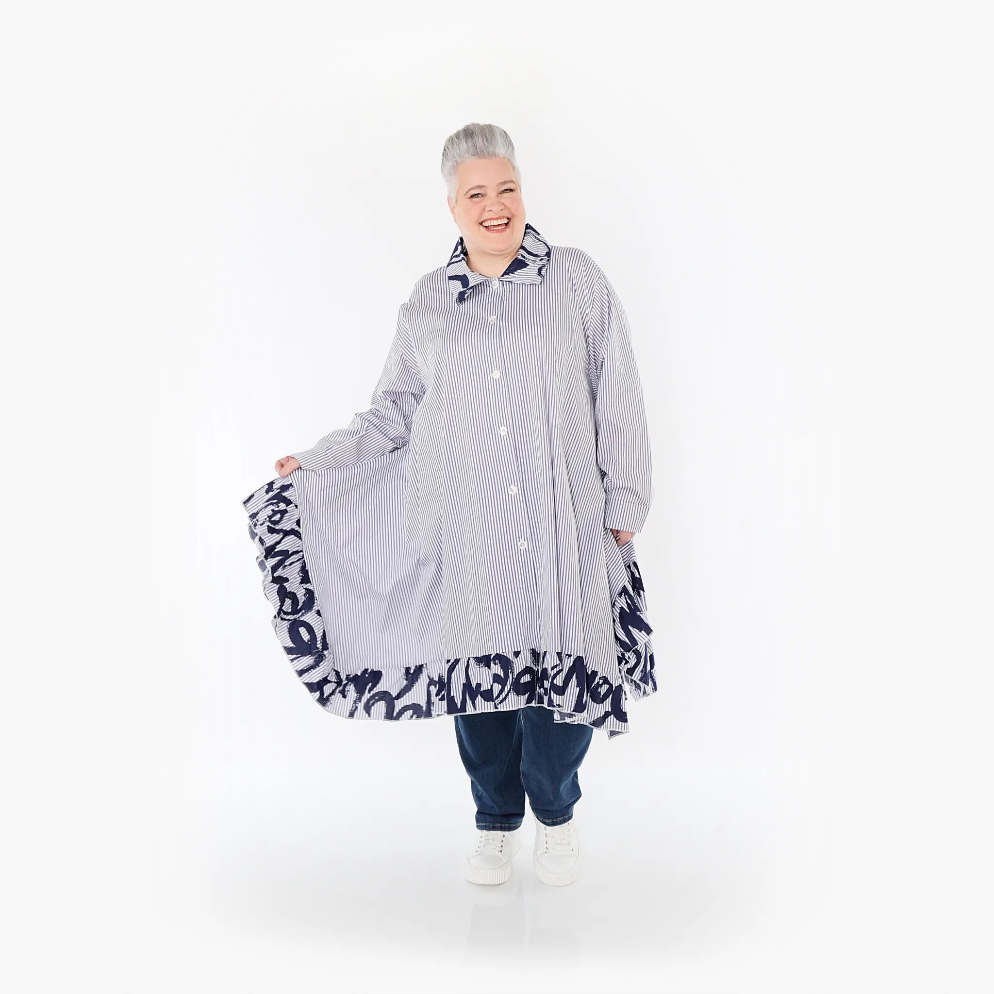 A-Form Bluse von AKH Fashion aus Baumwolle, 1435.06917, Weiß/Blau, Vichy-Streifen, Schick