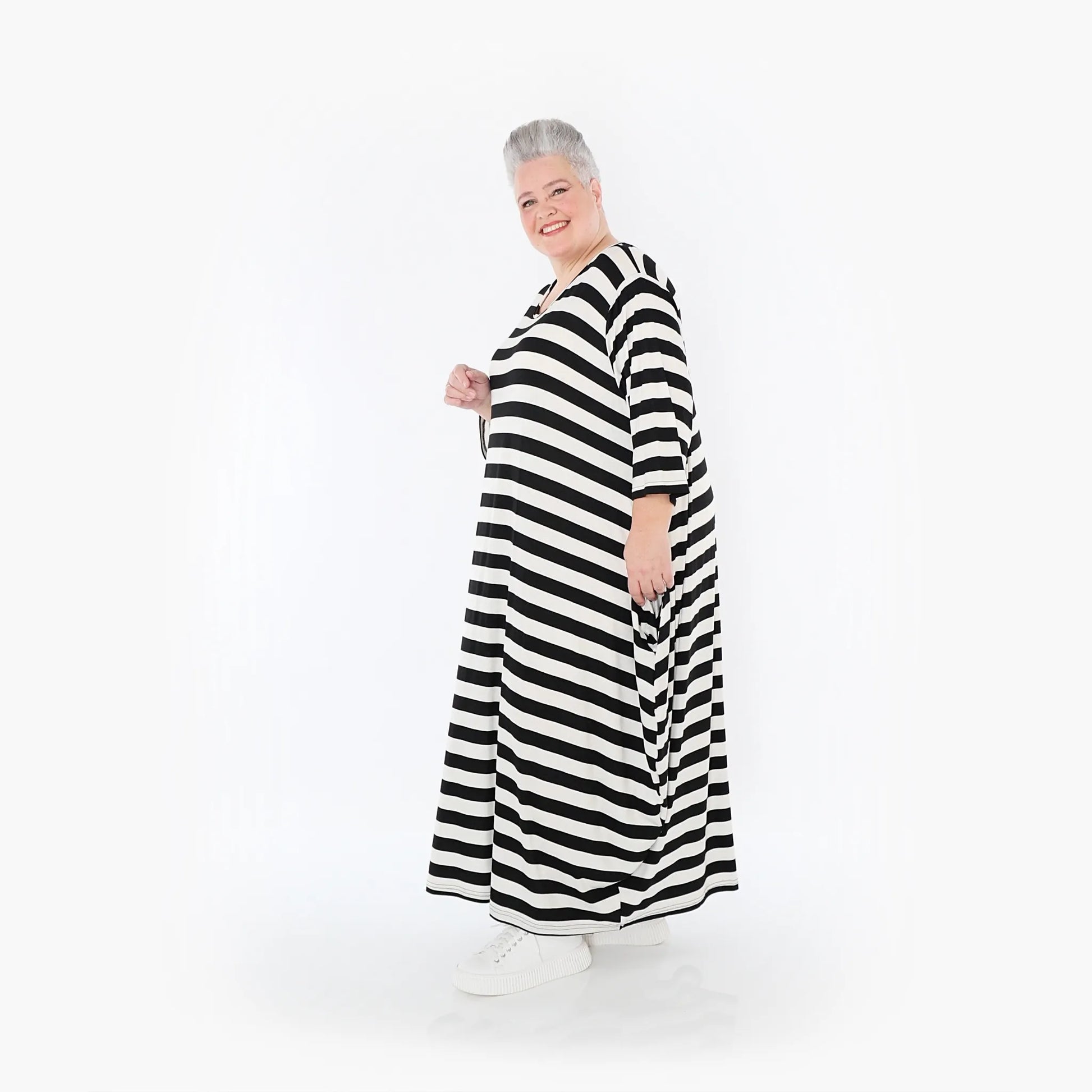 Ballonkleid von AKH Fashion aus Viskose, 1459.01926, Weiß/Schwarz, Blockstreifen, Schick