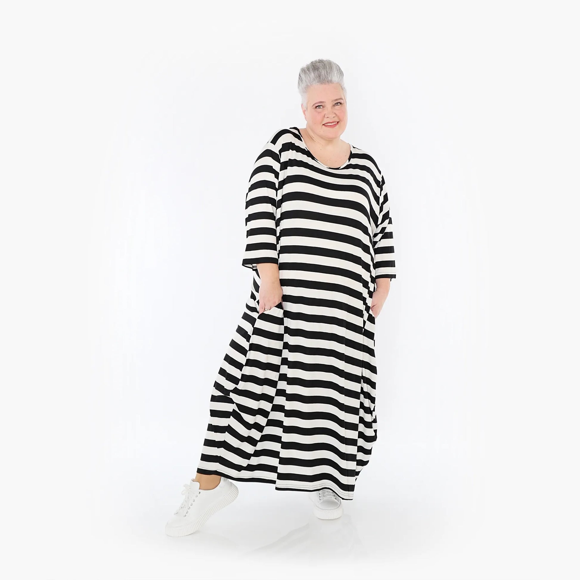 Ballonkleid von AKH Fashion aus Viskose, 1459.01926, Weiß/Schwarz, Blockstreifen, Schick