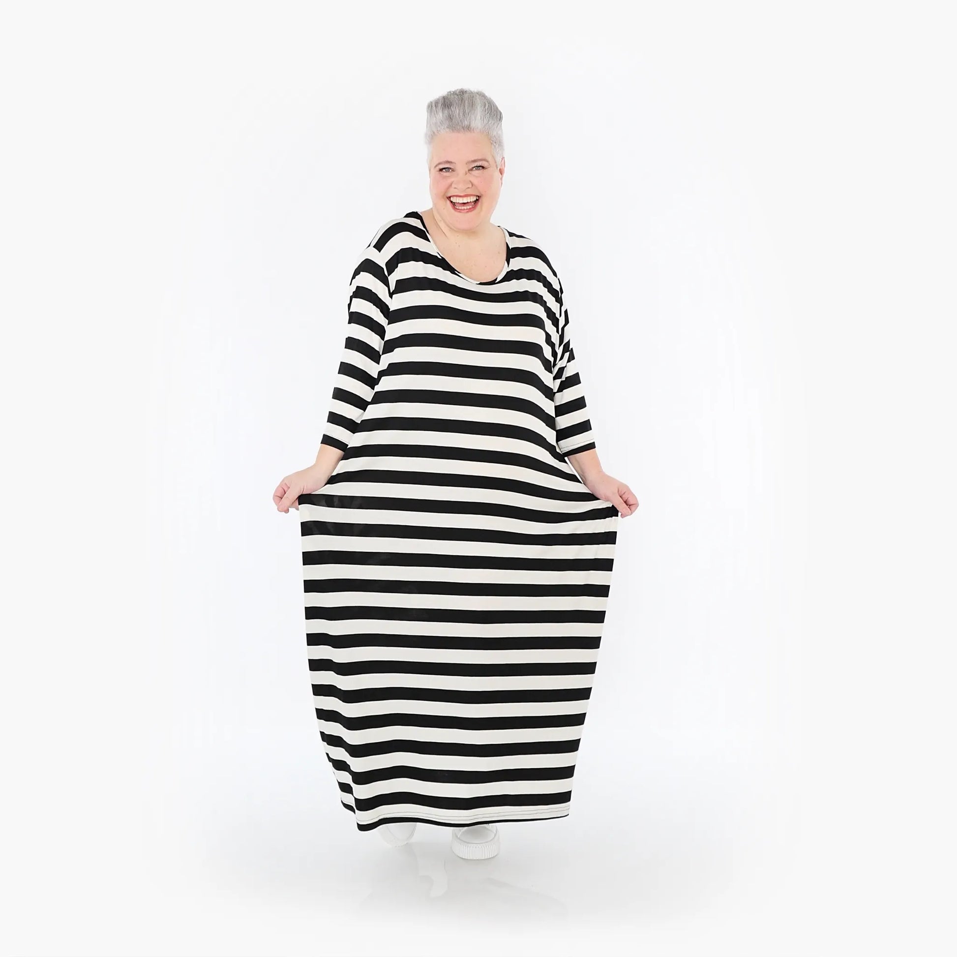Ballonkleid von AKH Fashion aus Viskose, 1459.01926, Weiß/Schwarz, Blockstreifen, Schick