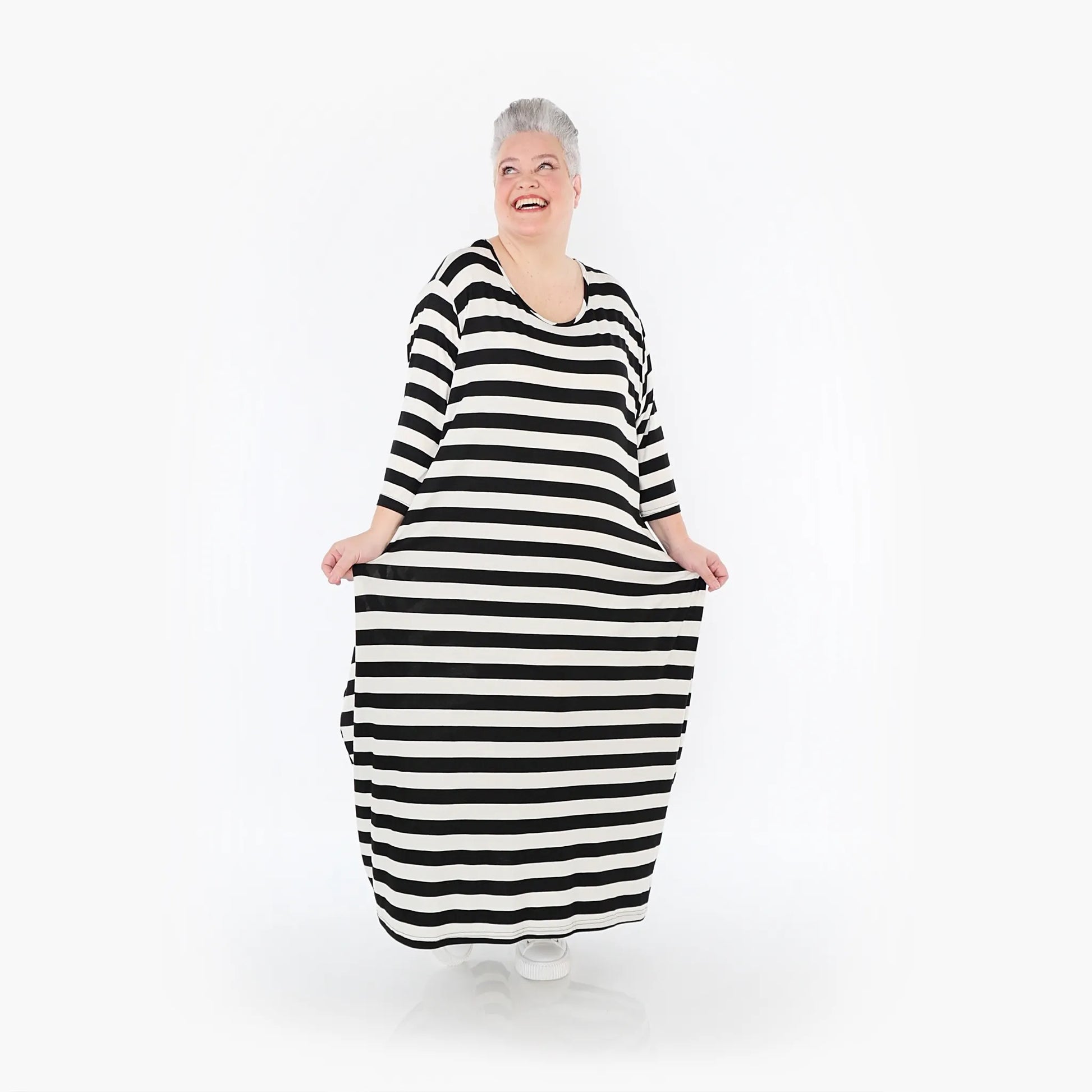 Ballonkleid von AKH Fashion aus Viskose, 1459.01926, Weiß/Schwarz, Blockstreifen, Schick