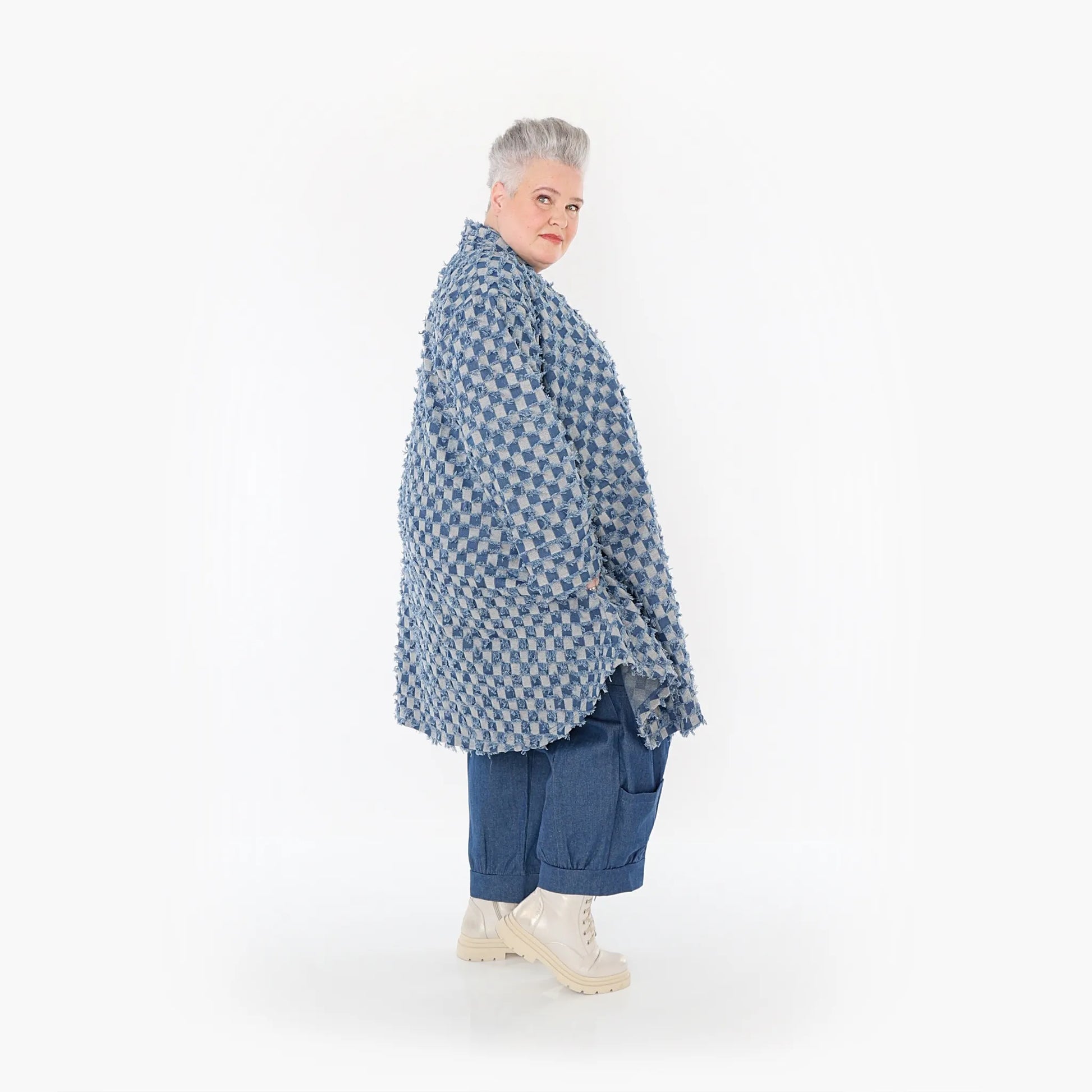 A-Form Cardigan von AKH Fashion aus Baumwolle, 1463.07040, Jeansblau/Grau, Kariert, Schick