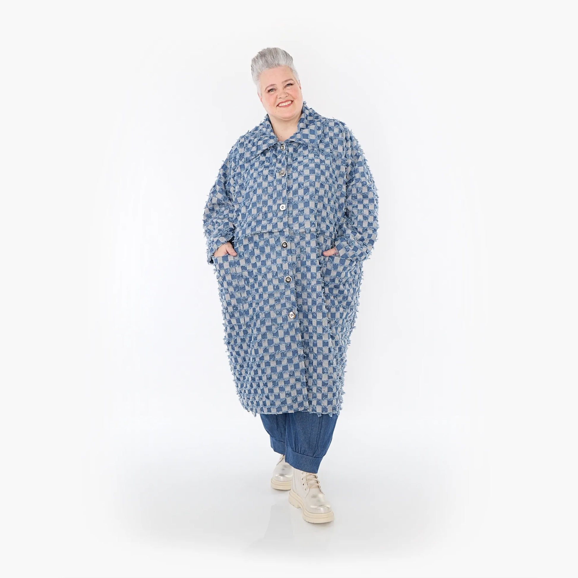 AKH Fashion Mantel in gerader Form, aus Baumwolle, 1463.07041, Jeansblau/Grau, Kariert