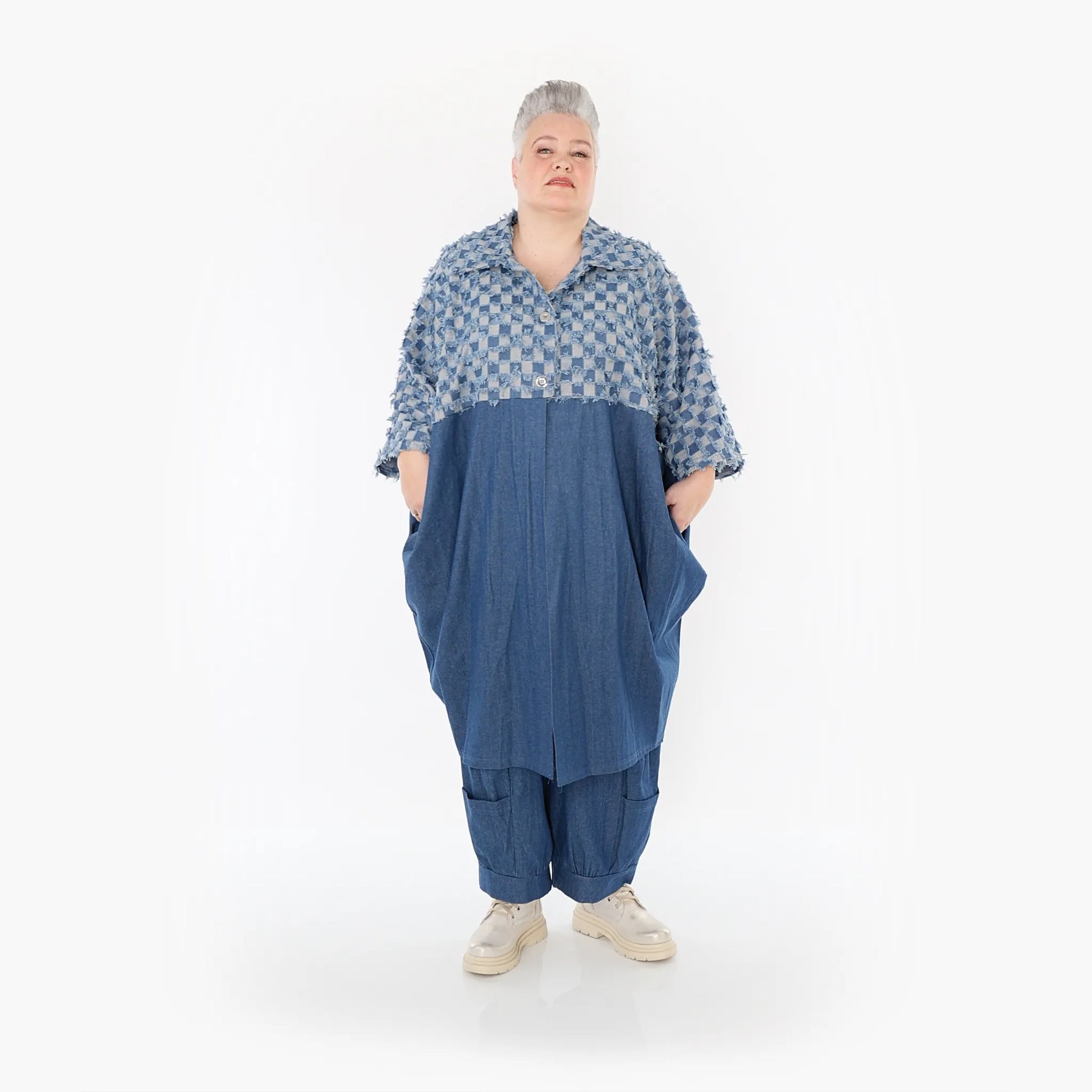 Ballonmantel von AKH Fashion aus Baumwolle, 1463.07055, Jeansblau/Grau, Kariert, Schick
