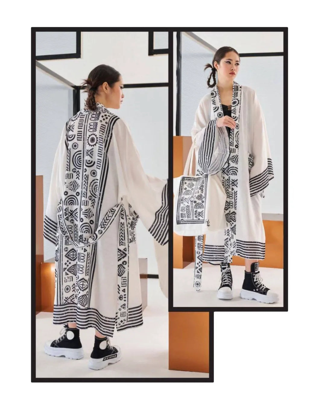 H4 Fashion Kimono in gerader Form, aus Polyamid, 2692, Ecru, Aztec, Ausgefallen, Zeitlos