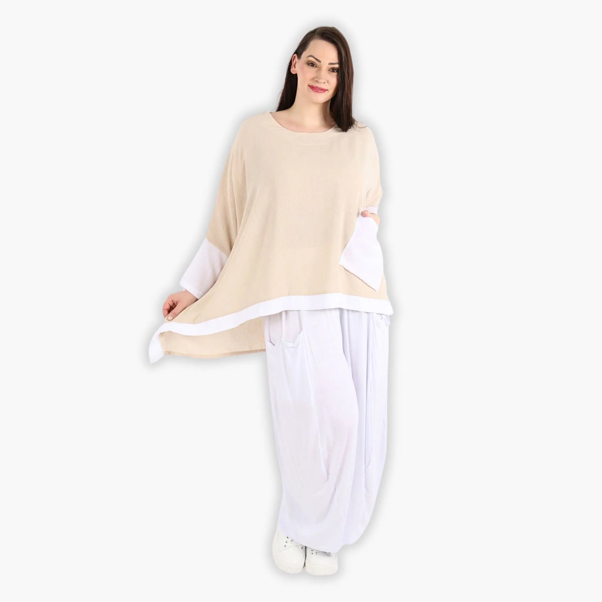 A-Form Bigshirt von AKH Fashion aus Viskose, 1305.02413, Taupe-Weiß, Schick, Modern, Bequem