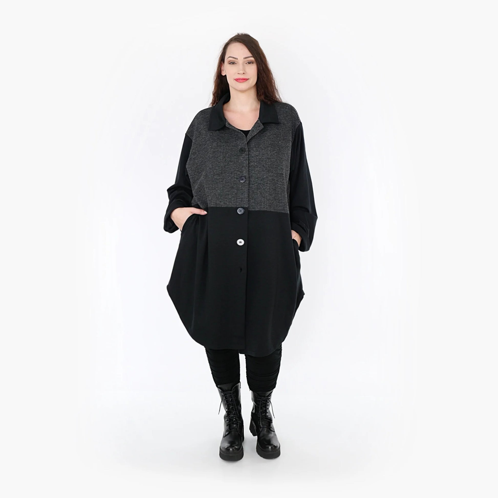 AKH Fashion Bluse in gerundeter Form, aus Materialmix, 1346.06881, Schwarz-Dunkelgrau