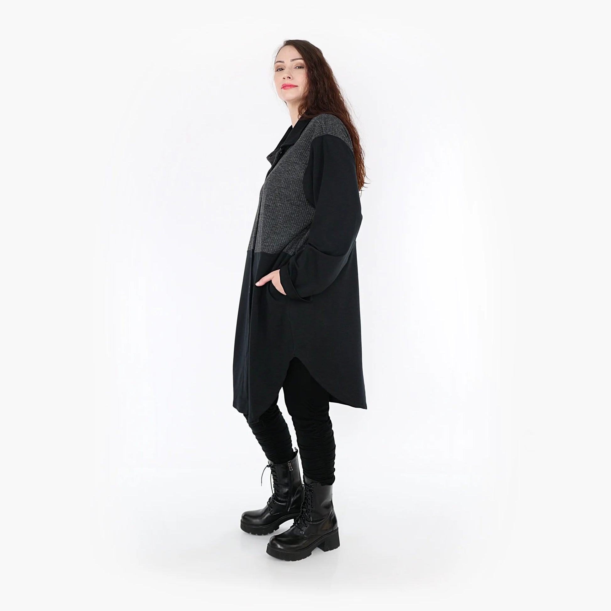 AKH Fashion Bluse in gerundeter Form, aus Materialmix, 1346.06881, Schwarz-Dunkelgrau