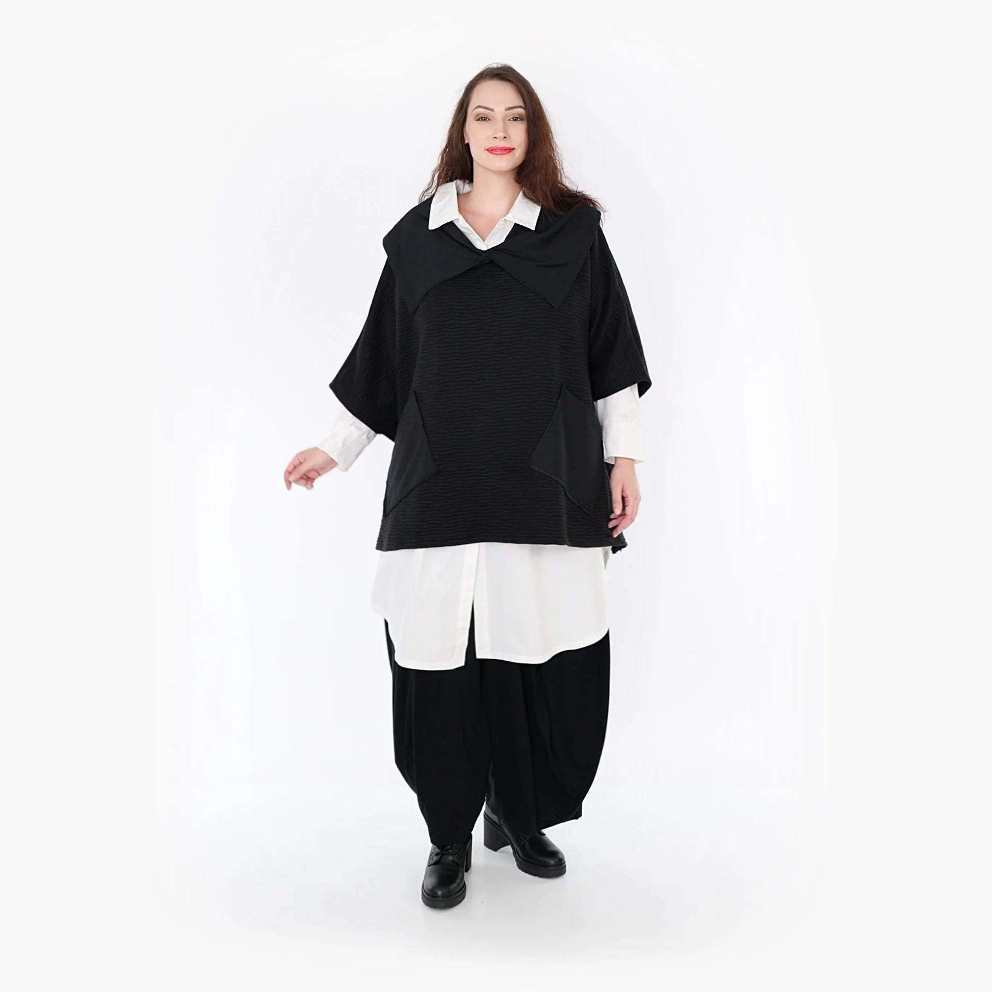 AKH Fashion Poncho in kastiger Form, aus Materialmix, 1347.06884, Schwarz, Wellen, Schick