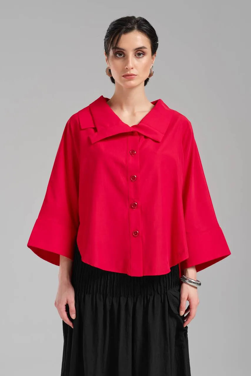 Stylische TW3 Bluse in gerundeter Form, aus Baumwolle, 1121, Rot, Schick, Modern, Ausgefallen