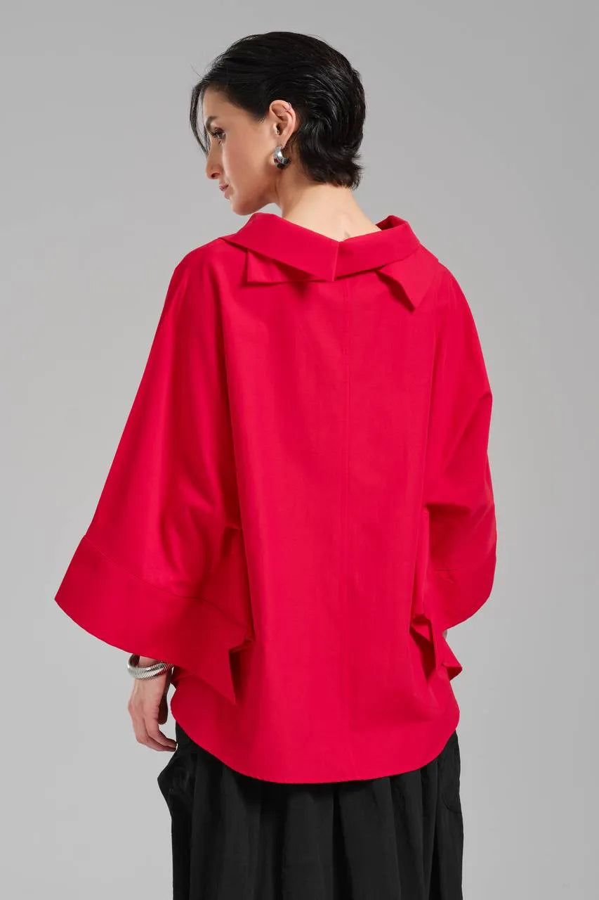 Stylische TW3 Bluse in gerundeter Form, aus Baumwolle, 1121, Rot, Schick, Modern, Ausgefallen