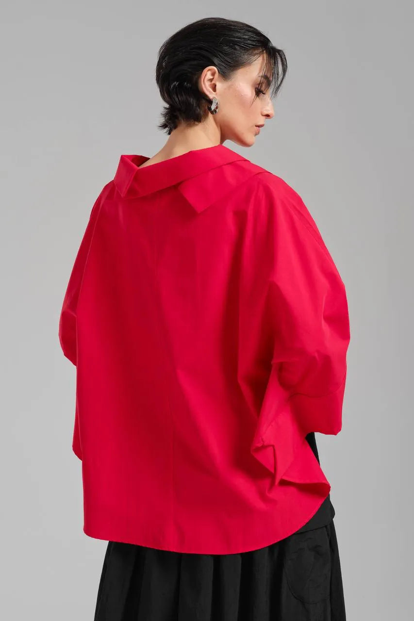 Stylische TW3 Bluse in gerundeter Form, aus Baumwolle, 1121, Rot, Schick, Modern, Ausgefallen