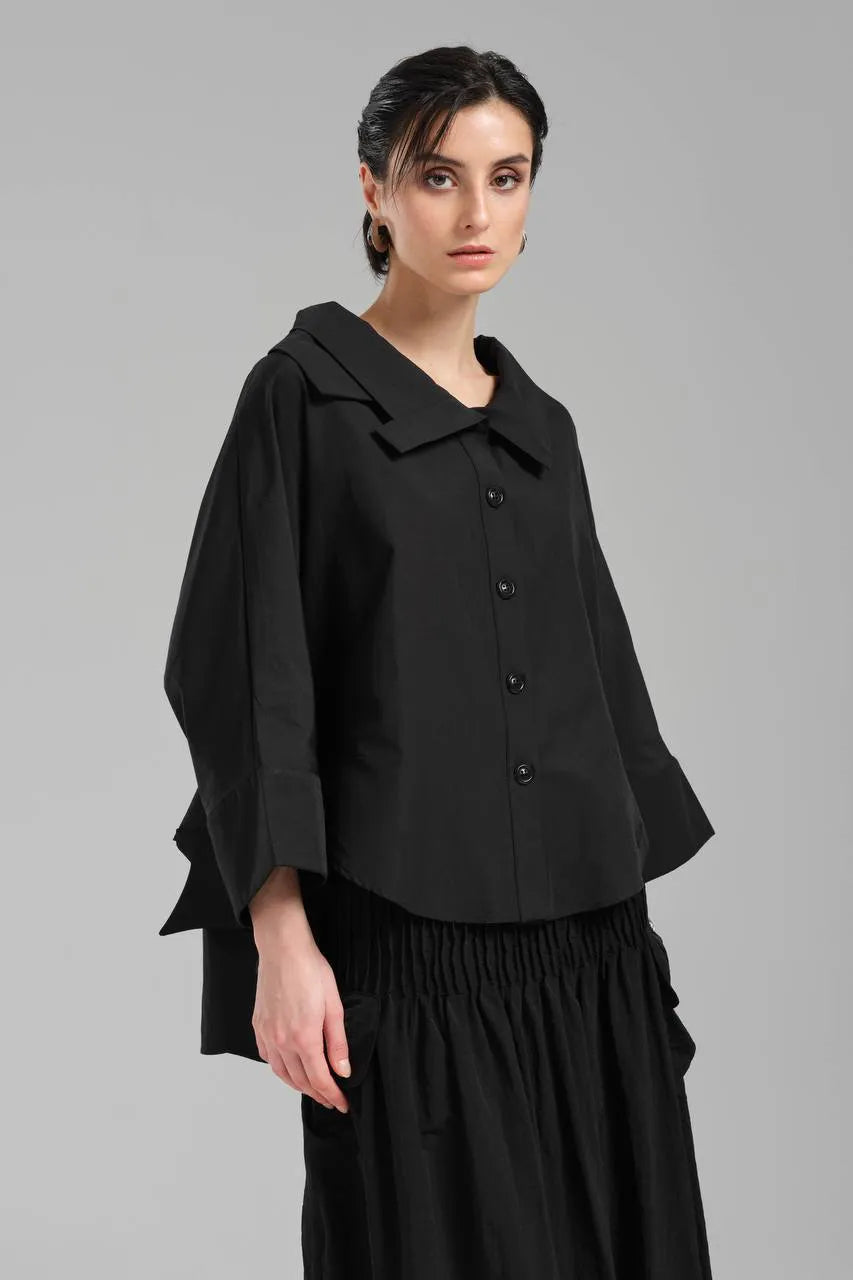 Stylische TW3 Bluse in gerundeter Form, aus Baumwolle, 1121, Schwarz, Schick, Modern, Ausgefallen