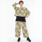 Gerade geschnittene Hose aus French Terry in Beige Braun Neongrün mit Leo Muster Style