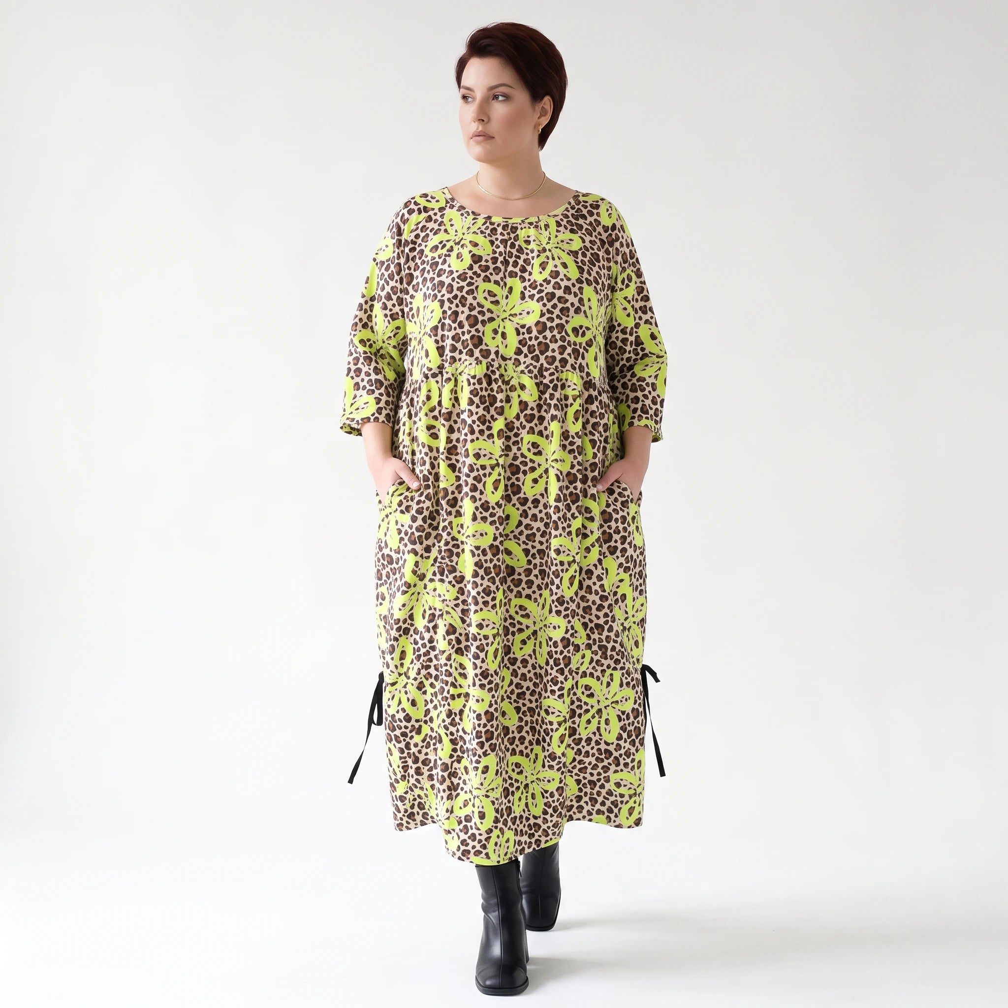 Ballonkleid von AKH Fashion aus Baumwolle, 1514.07122, Beige/Braun/Neongrün, Leopard