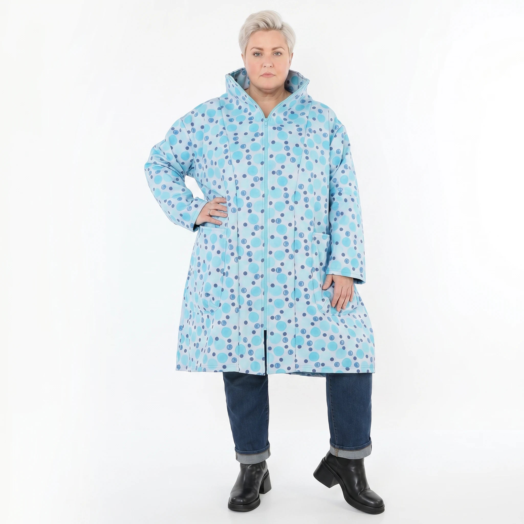 AKH Fashion Mantel in Vokuhila-Form, aus Polyester, 1515.02276, Blau/Multi, Punkte, Schick