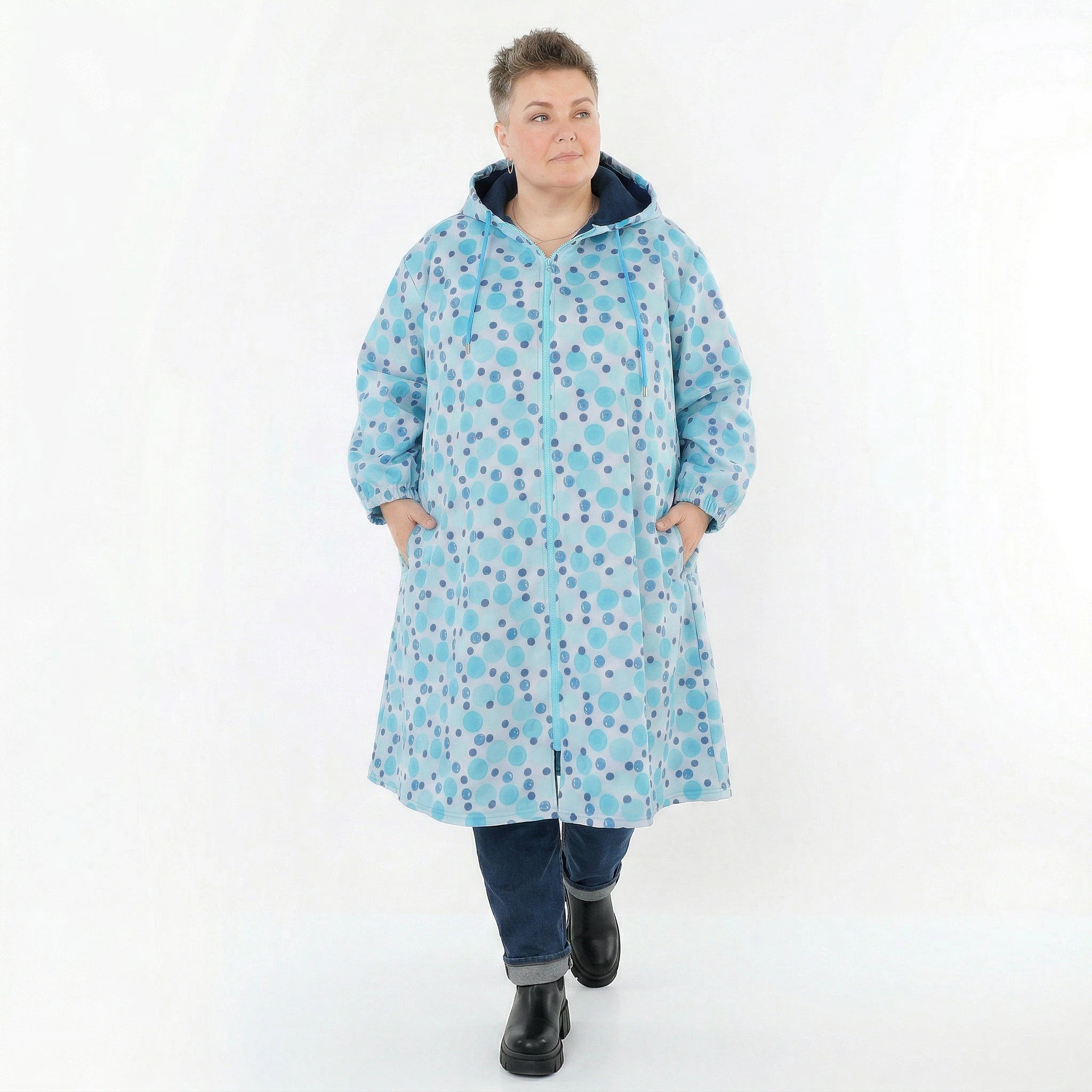 AKH Fashion Mantel in gerader Form, aus Polyester, 1515.07102, Blau/Multi, Punkte, Schick