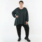 A-Form Bigshirt mit Jacquardmuster in Schwarz Petrol Grün V-Ausschnitt und Nahttaschen