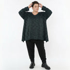 A-Form Bigshirt mit Jacquardmuster in Schwarz Petrol Grün V-Ausschnitt und Nahttaschen