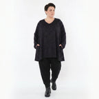A-Form Bigshirt aus schwarzem violettgrauem Jacquardmix mit V-Ausschnitt und Nahttaschen