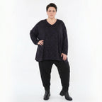 A-Form Bigshirt aus schwarzem violettgrauem Jacquardmix mit V-Ausschnitt und Nahttaschen