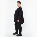 A-Form Bigshirt aus schwarzem violettgrauem Jacquardmix mit V-Ausschnitt und Nahttaschen