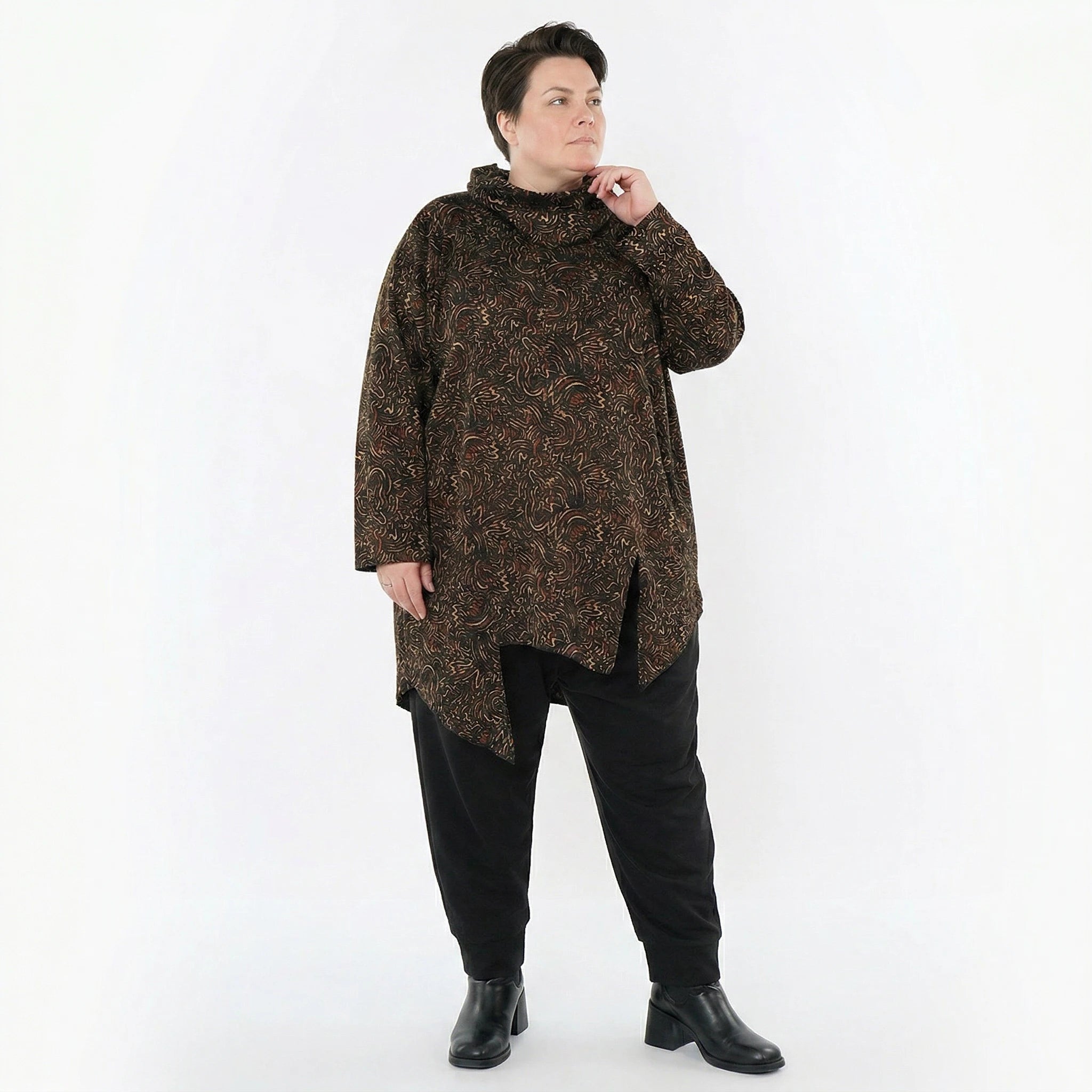 AKH Fashion Bigshirt in asymmetrischer Form, aus Materialmix, 1516.06061, Cognac