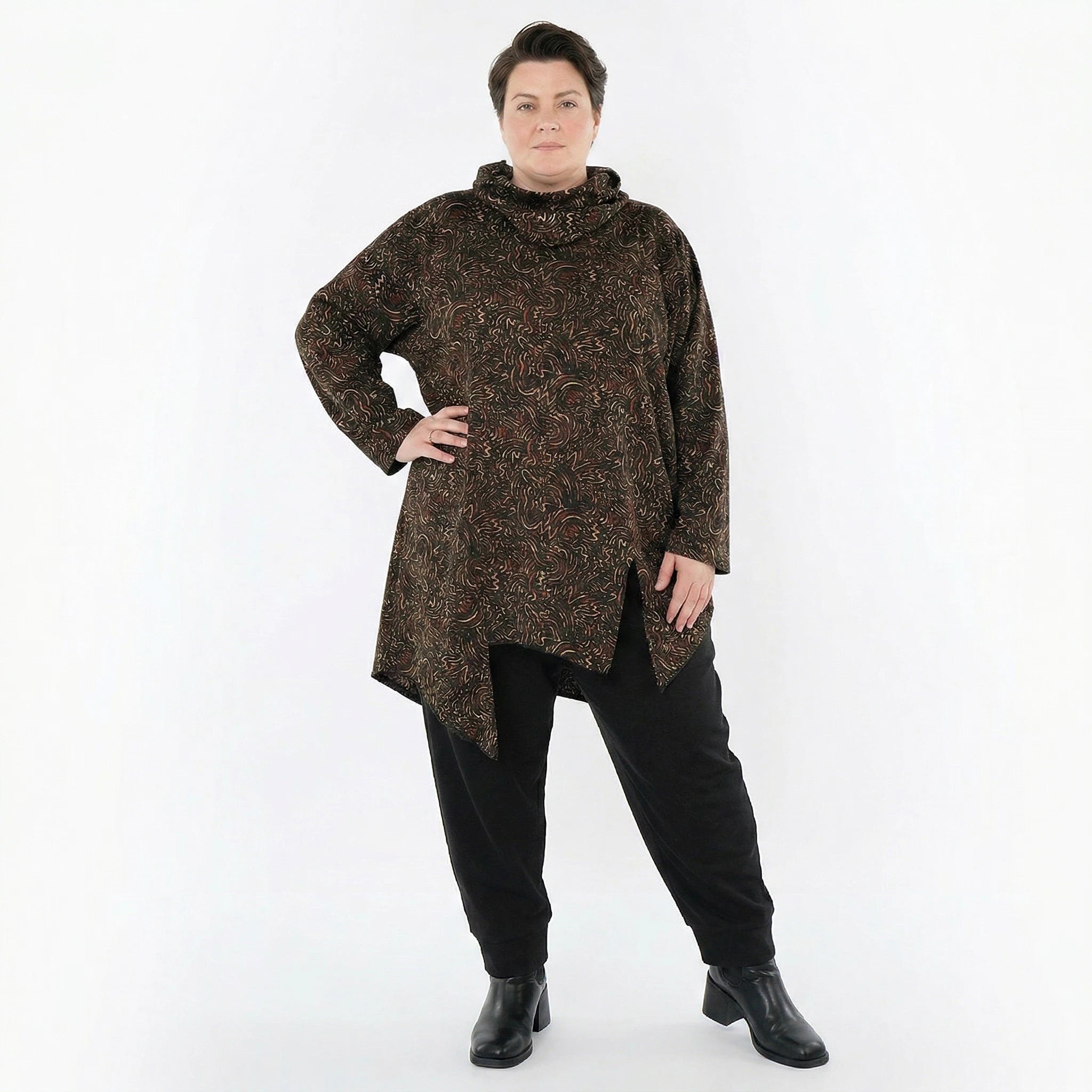 AKH Fashion Bigshirt in asymmetrischer Form, aus Materialmix, 1516.06061, Cognac
