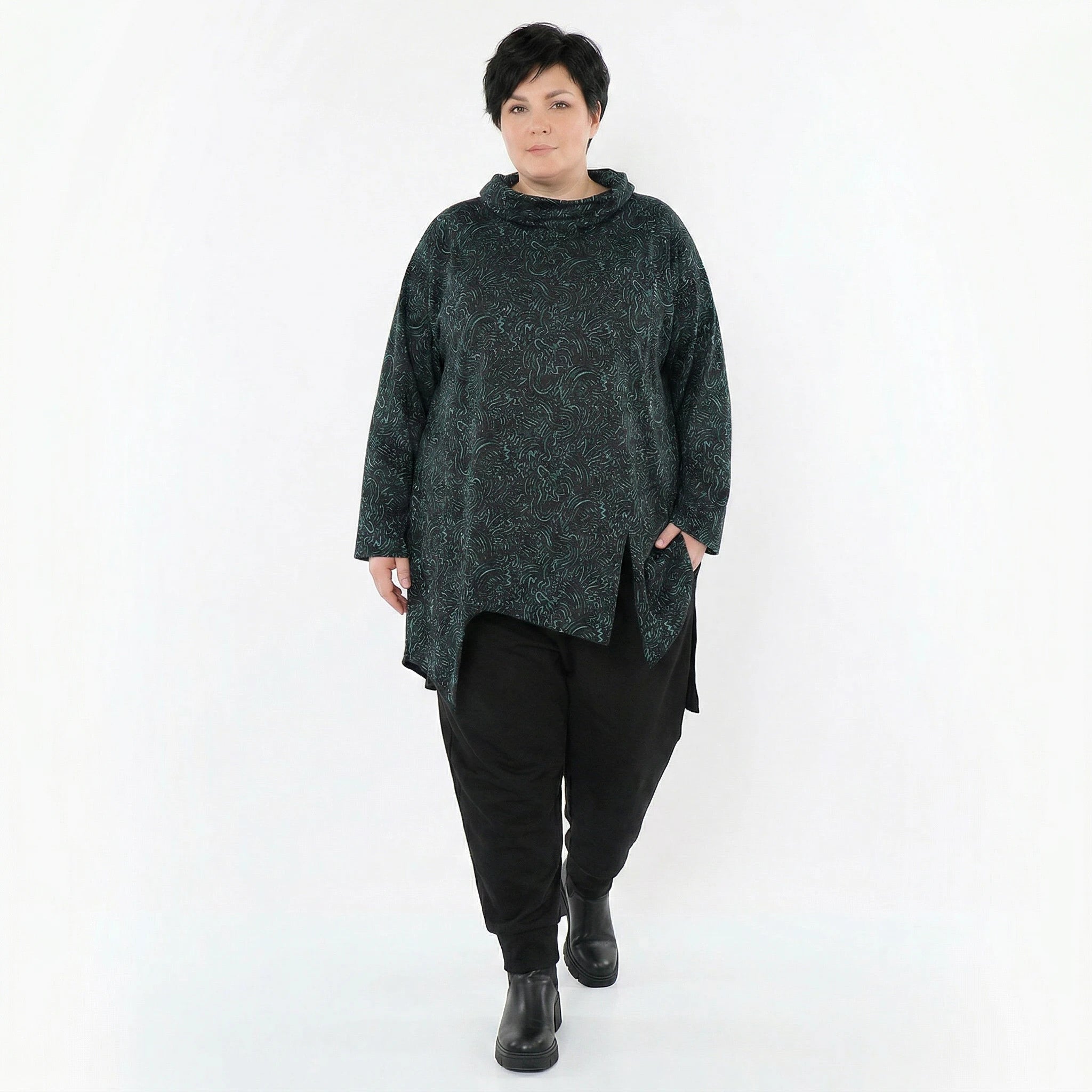 AKH Fashion Bigshirt in asymmetrischer Form, aus Materialmix, 1516.06061, Petrol