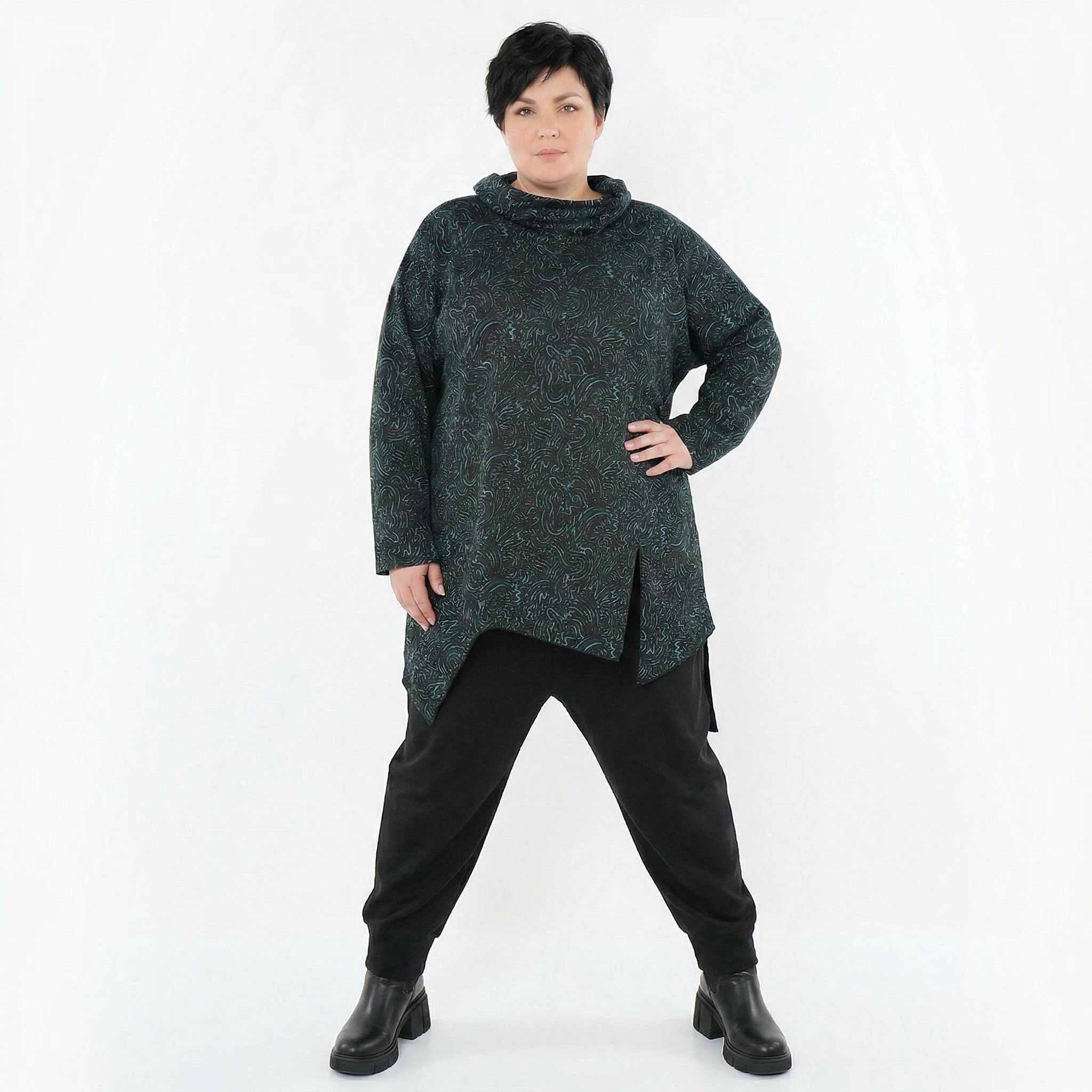 AKH Fashion Bigshirt in asymmetrischer Form, aus Materialmix, 1516.06061, Petrol