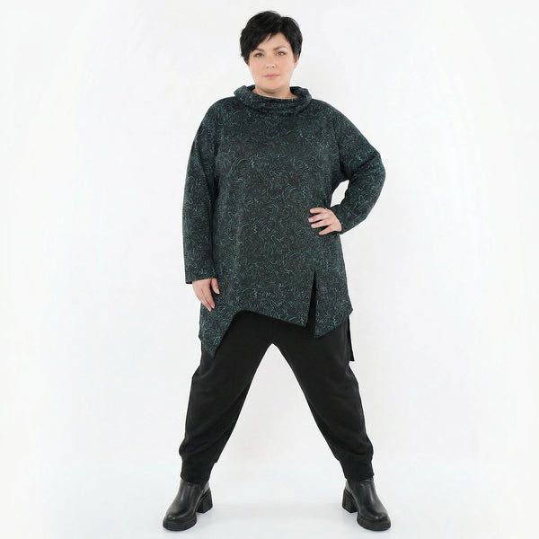 AKH Fashion Bigshirt in asymmetrischer Form, aus Materialmix, 1516.06061, Petrol