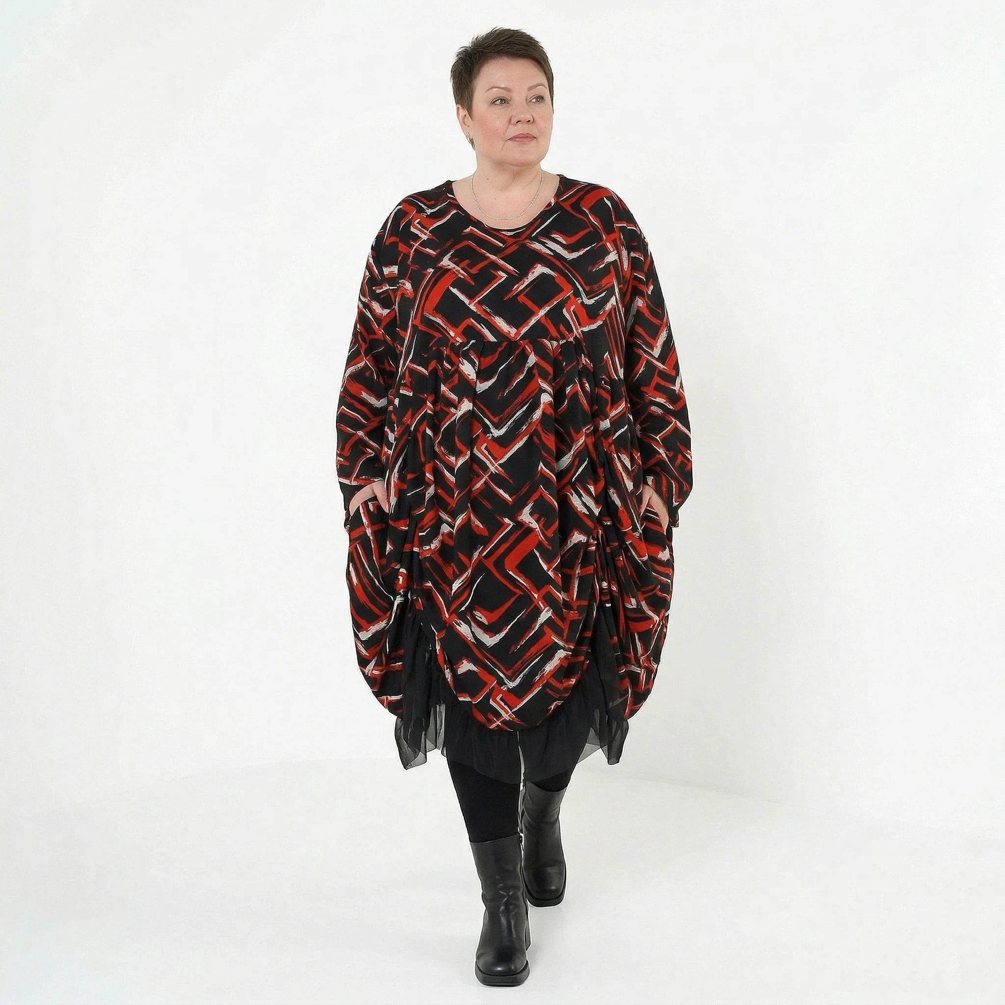 Ballonkleid von AKH Fashion aus Viskose, 1517.07128, Schwarz/Rot/Weiß, Pinselstrich