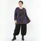 Feinstrickshirt in multicolor Karomuster Glockenform Langarm mit Rundhalsausschnitt leicht