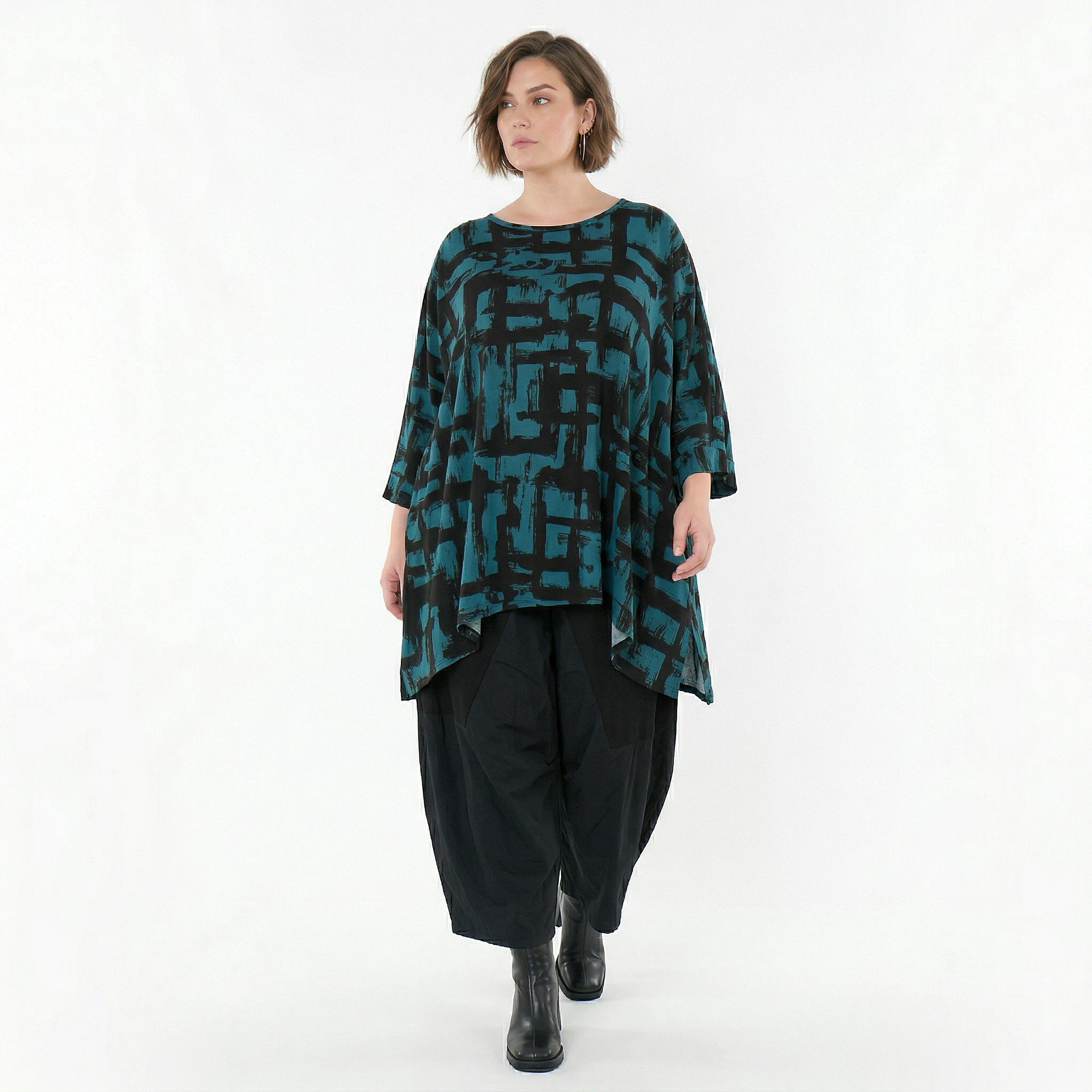 A-Form Bigshirt von AKH Fashion aus Viskose, 1519.07116, Petrol/Schwarz, Pinselstrich, Schick