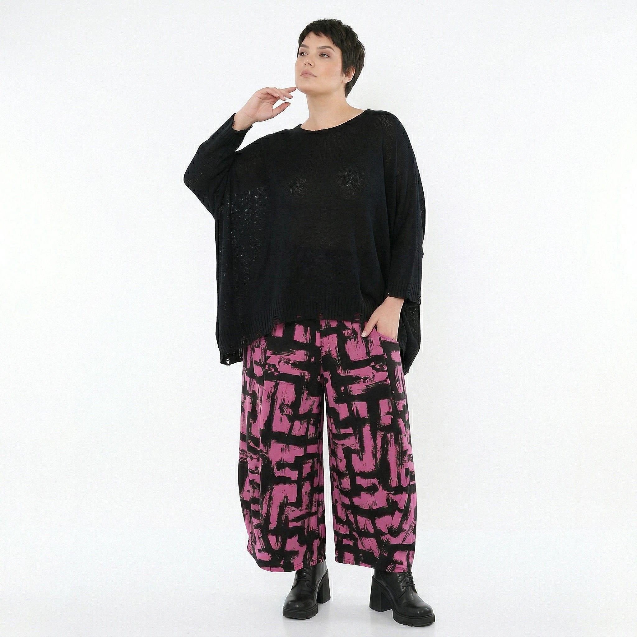 Ballonhose von AKH Fashion aus Viskose, 1519.08069, Fuchsia/Schwarz, Pinselstrich, Schick
