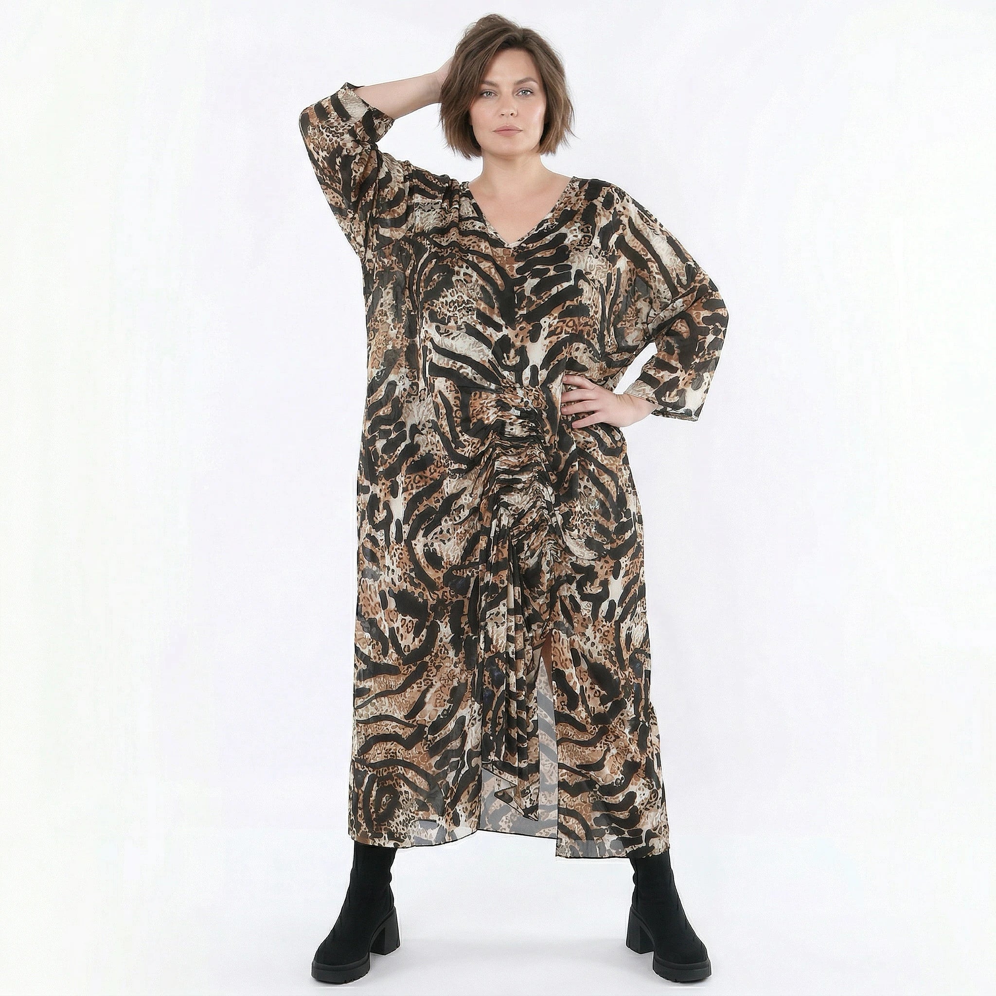 Kleid von AKH Fashion aus Materialmix, 1521.07134, Schwarz/Cognac/Weiß, Leopard, Schick