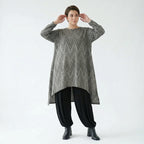 Longshirt A-Form mit Vokuhila Rundhals und Langarm in grau schwarz weißem Vichymuster