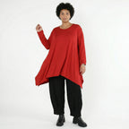 Dunkelrotes A-Form Shirt aus Jersey mit Rundhalsausschnitt Zipfelsaum und Seitenschlitzen