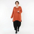 Rostfarbenes Jersey Langarmshirt aus Viskose mit Rundhalsausschnitt und Seitenschlitzen