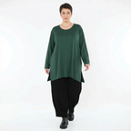 Tannengrünes Jersey Langarmshirt mit Rundhalsausschnitt und Saumschlitzen gerader Form