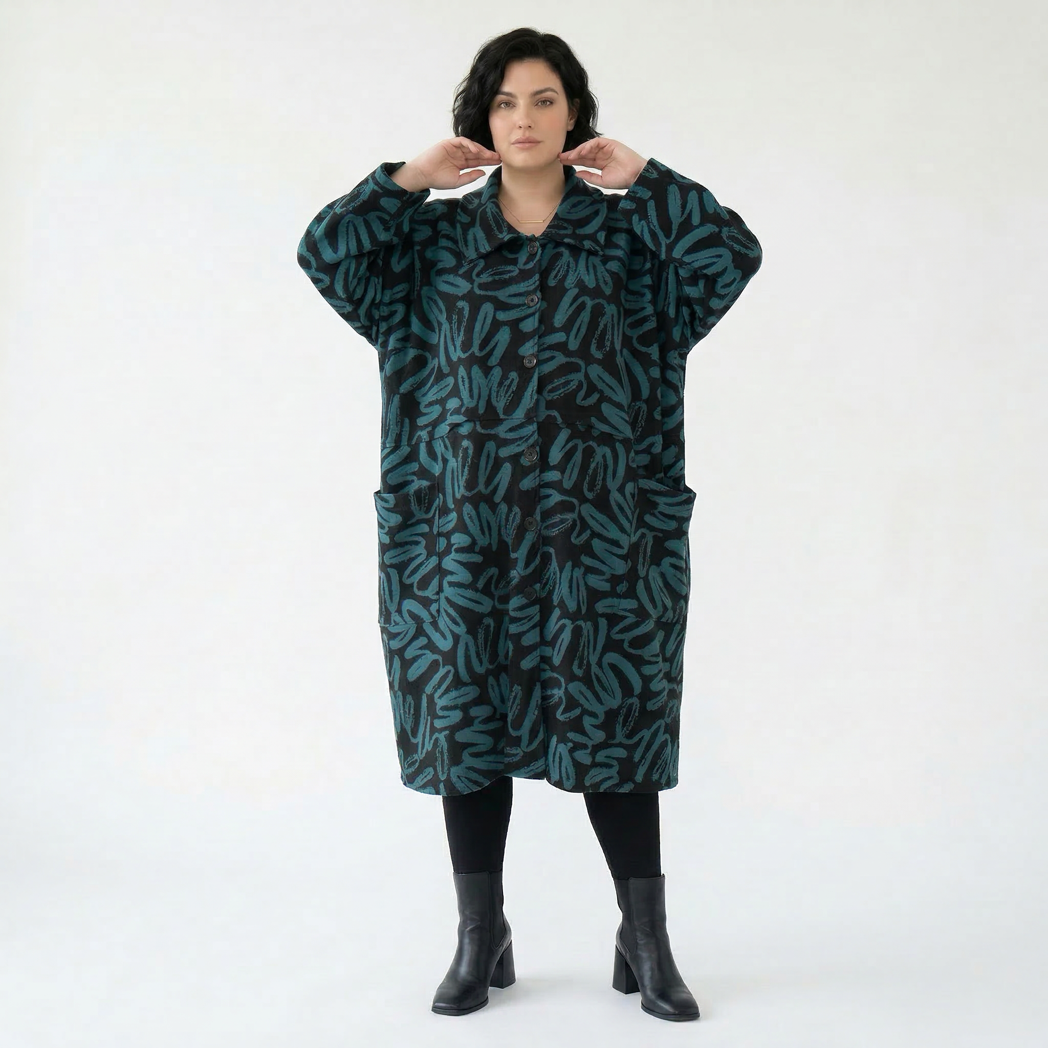 AKH Fashion Mantel in Glocken-Form, aus Materialmix, 1529.07041, Schwarz/Petrol, Kringel