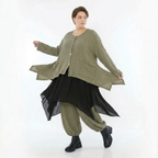 Olivfarbene Feinstrickjacke in A-Form mit Ajourmuster Rundhals Langarm und Taschen