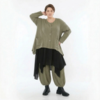 Olivfarbene Feinstrickjacke in A-Form mit Ajourmuster Rundhals Langarm und Taschen