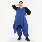 Royalblaues Zipfelkleid aus Feinstrick ärmellos mit Rundhals Wellenmuster Ajourmuster