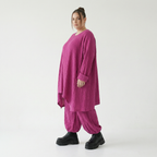 Fuchsia Feinstrick Ballonhose mit Streifen Wellen und Ajournmuster weich und stretchig