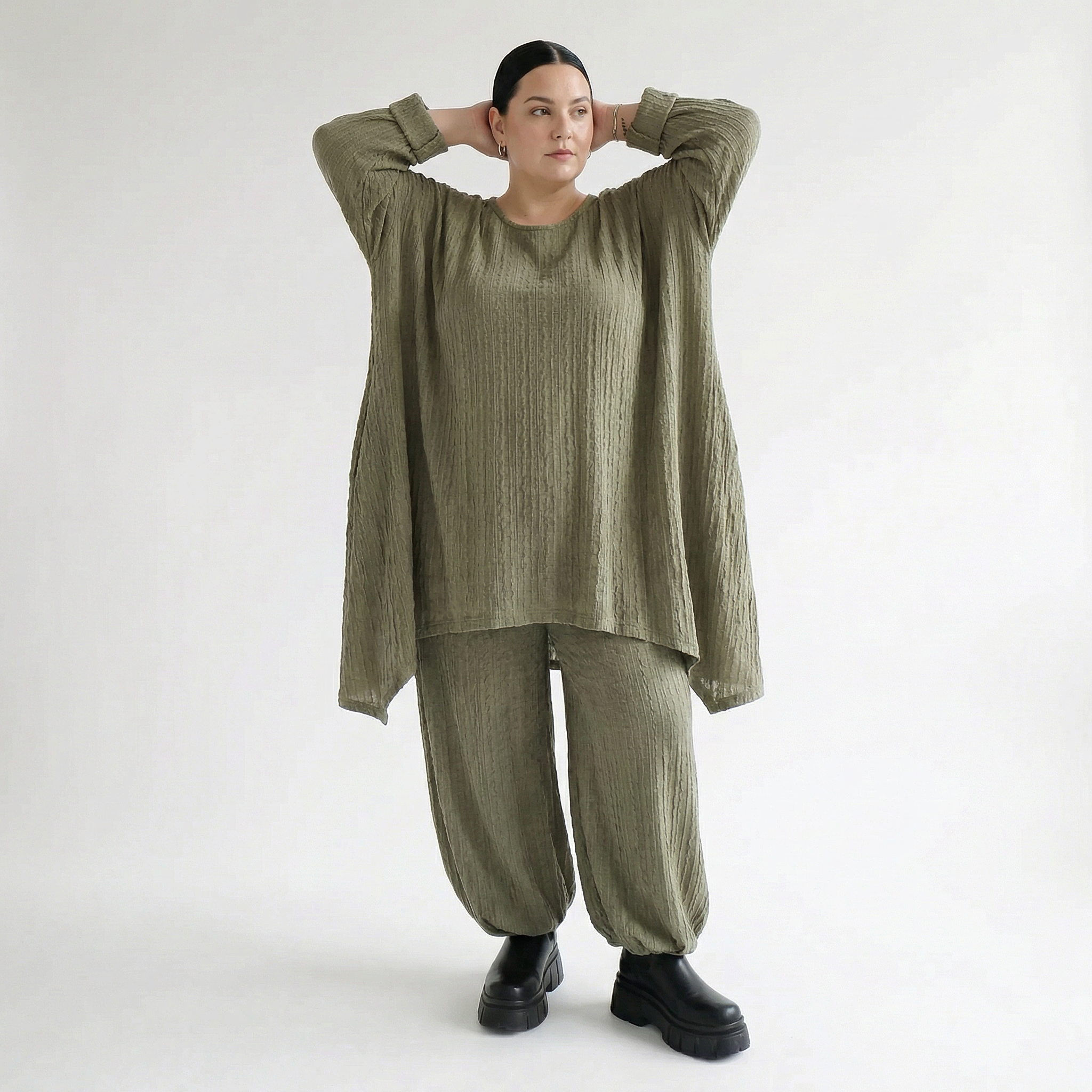 Ballonhose von AKH Fashion aus Materialmix, 1532.05920, Olive, Wellen, Ausgefallen, Schick